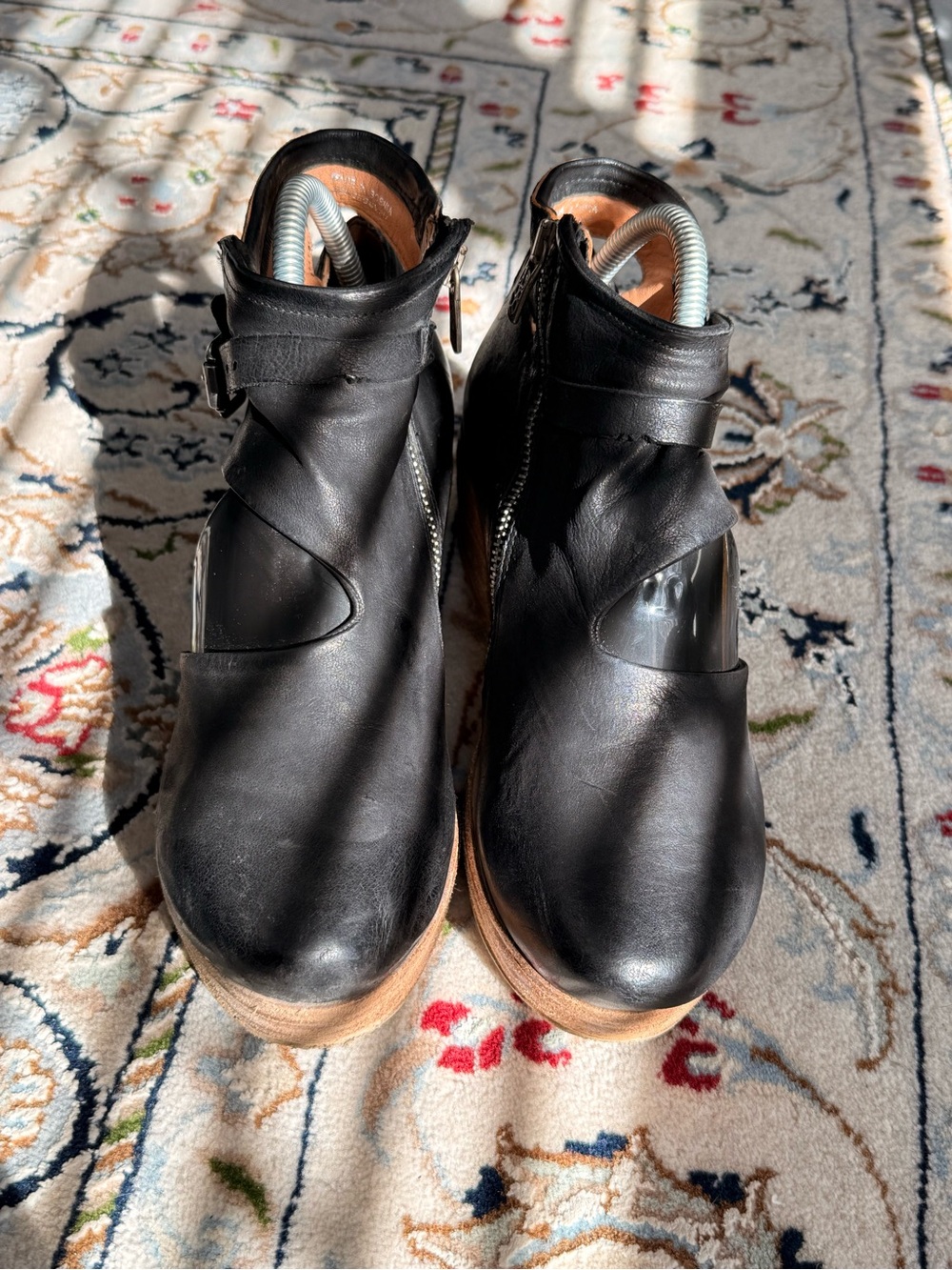 A.S.98 Black Leather Clog Boots with Side Zip and Buckle Size 37=7 US